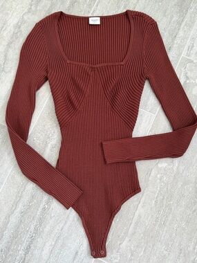 Abercrombie & Fitch Ribbed Knit Bodysuit Brown Long Sleeve Square Neck Fitted S